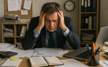 shows a cluttered desk with a stressed manager;